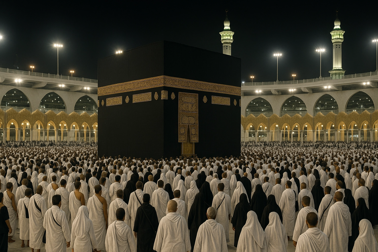 Jamaah haji melakukan tawaf mengelilingi Ka'bah di malam hari sebagai bagian dari ibadah haji yang memiliki sejarah panjang dalam Islam.